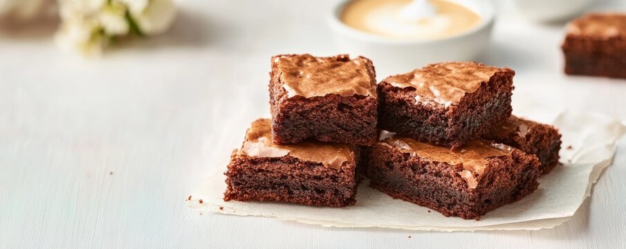 Rich, fudgy chocolate brownies piled on parchment, showcasing moist texture and glossy tops on a white surface, with a blurred coffee and flowers background. Decadent