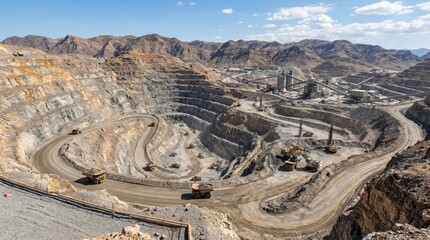 A large open-pit mine with multiple levels and heavy machinery. The landscape features rocky terrain and a clear blue sky.