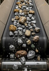A conveyor belt transports various rocks and minerals, including shiny metallic ores and rough stones. The scene highlights industrial mining processes.