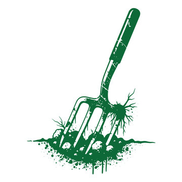 Green silhouette of a gardening hand fork digging into soil with dirt splashes and grunge texture isolated on a white background