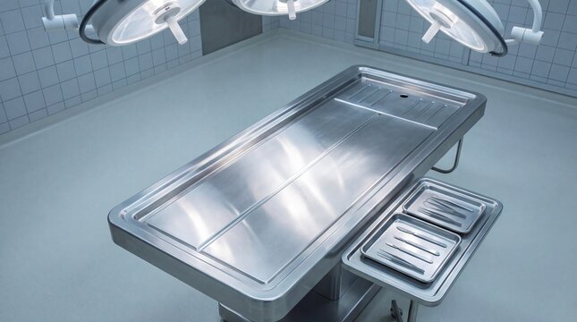 Vacant postmortem examination station in a sterile medical style in cold blue and silver shades used for forensic pathology
