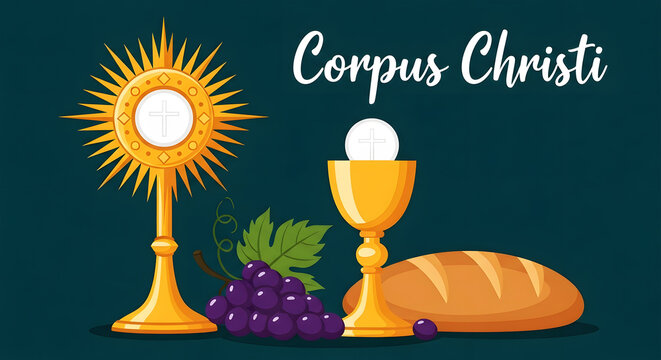 Golden monstrance chalice host grapes and bread on dark green background religious
