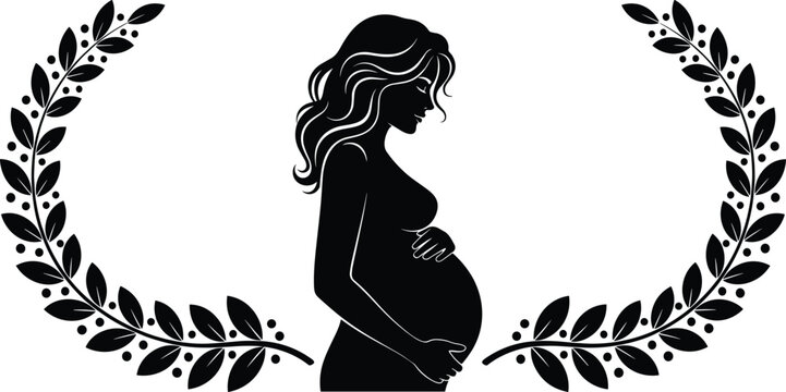Pregnant woman silhouette, motherhood concept, fertility symbol, maternity illustration, expecting mother profile, laurel wreath frame, elegant design, family life, nurturing love