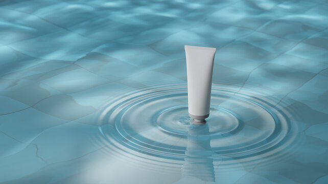 White tube standing in clear blue water with ripples and reflection product