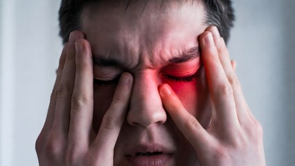 Fototapeta premium Severe sinus headache and facial nerve pain. Nasal congestion and allergy pressure relief. Close up of man holding his face and bridge of nose with red inflammation