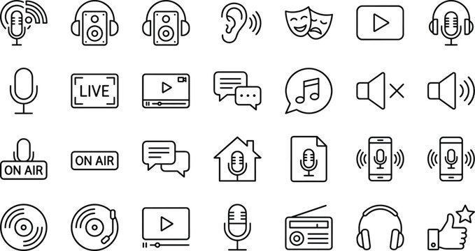 Audio Media Icon Set with Microphone, Podcast, Speaker, Live Broadcast, Music, Video Player, Radio, Headphones Symbols for Streaming, UI, Apps, and Content Creation