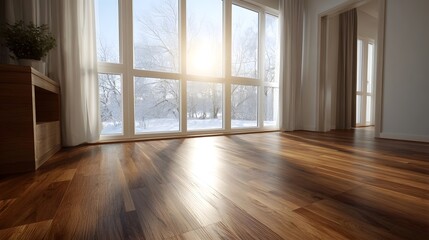 Fototapeta premium Sunlit modern room with large overlooking a snowy winter landscape showcasing warm wooden flooring
