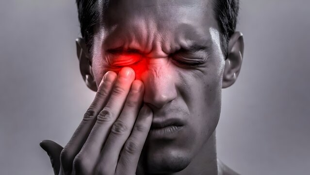 Trigeminal neuralgia and facial nerve inflammation. Dental pain and sinus infection symptoms. Man touching his cheek and eye area with localized red glow representing intense ache
