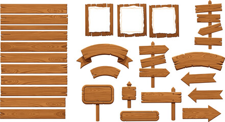 Comprehensive collection of wooden signs and banners featuring hanging boards directional arrows rustic frames and blank planks with realistic wood grain textures © Maslima