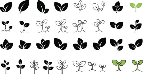 Obraz premium Collection of Minimalist Leaf and Sprout Vector Icons Featuring Organic Green Plant Growth Seedlings and Botanical Foliage Symbols for Eco Friendly Branding and Nature Conservation Designs