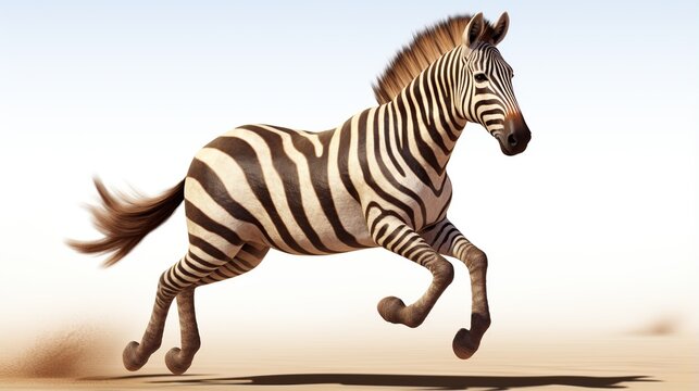 Graceful young zebra foal galloping across sandy terrain under bright light