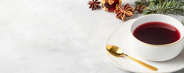 Winter's Embrace Mulled Red Wine in a White Cup and Gold Spoon, with Star Anise and Pine on Grey. Cozy Holiday Season Concept., Christmas, Warmth