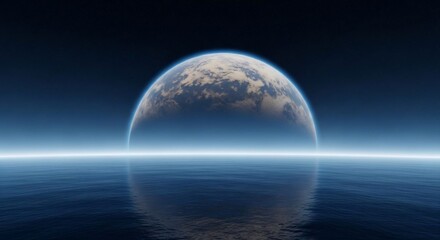 Planet rising over ocean horizon