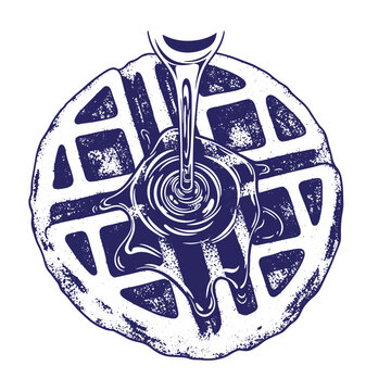 Down view of a round waffle with syrup being poured from a spoon onto the center in a dark blue ink style with a textured grain effect on a white background
