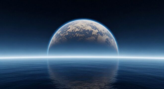 Planet rising over ocean horizon
