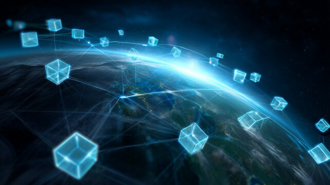 Global blockchain network over Earth planet. Digital data blocks, futuristic technology connection, decentralized crypto and cloud storage concept.