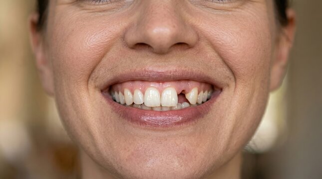 Closeup smile showing dental gap and healthy teeth