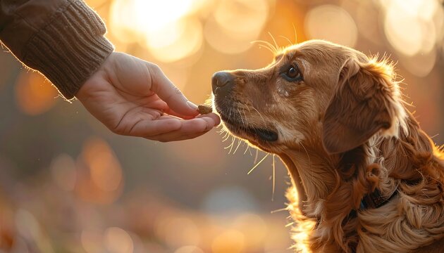 Heartwarming scene capturing a human hand kindly offering a treat to a loyal dog, golden light of autumn, symbolizing the deep bond and unconditional love between pets and their human companions