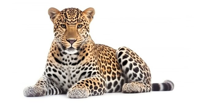Leopard Resting Peacefully on Bright White Studio Background Highlighting Its Spotted Fur