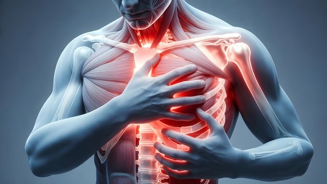 Severe chest discomfort and muscle strain. Internal medicine and physical therapy. Male anatomical model with glowing red heart and upper torso bone structure showing pain
