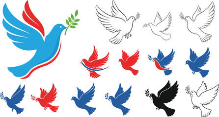 Fototapeta premium Large collection of dove of peace icons featuring birds in flight with olive branches in various styles including flat silhouettes line art and colorful outlines