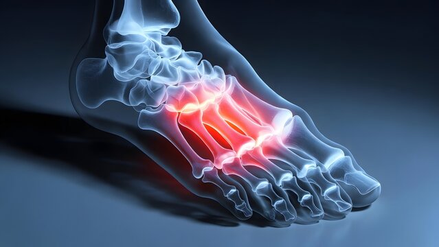 Ankle and foot joint inflammation anatomy. Podiatric medicine and sports injury recovery. Anatomical view of a human foot with glowing red highlights on painful tarsal bones