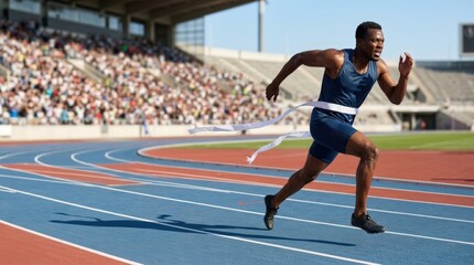 Obraz premium Determined sprinter breaking finish tape on modern outdoor track