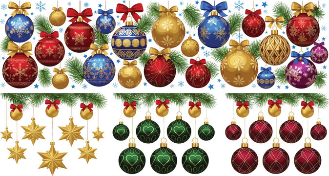 Elegant Christmas ornament collection featuring luxury gold red and blue baubles with snowflakes stars and bows hanging from green pine branches for holiday decorations