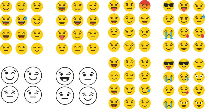 Comprehensive collection of yellow emoji face icons featuring a wide variety of facial expressions including happy sad angry laughing and winking in flat and outline styles