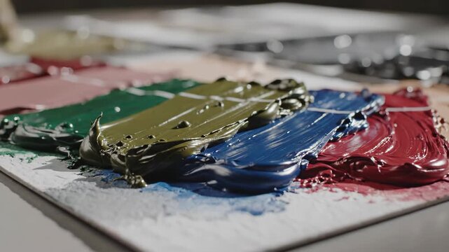 Vibrant paint samples on a palette. Spreading and mixing colors for interior design and apartment renovation. Modern home decor style selection