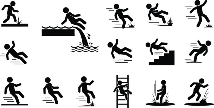 Human stick figures depict various falling and slipping accidents in different environments.