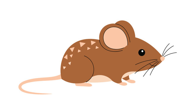 Cute cartoon brown mouse with light pink triangles on its back and large ears standing sideways on a white background.