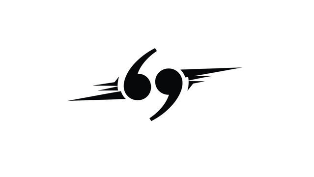 Abstract black graphic symbol composed of two intertwined quotation mark shapes with sharp wing like extensions.