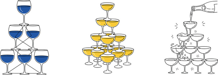 Vector Set of Stacked Champagne Glasses, Cocktail Tower Illustrations for Celebration, Party, and Event Designs © MstRabeya