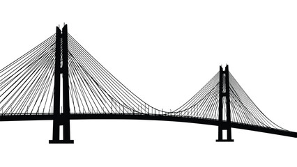 Obraz premium Minimalist silhouette of a large suspension bridge with towering supports and long cables against a white background.