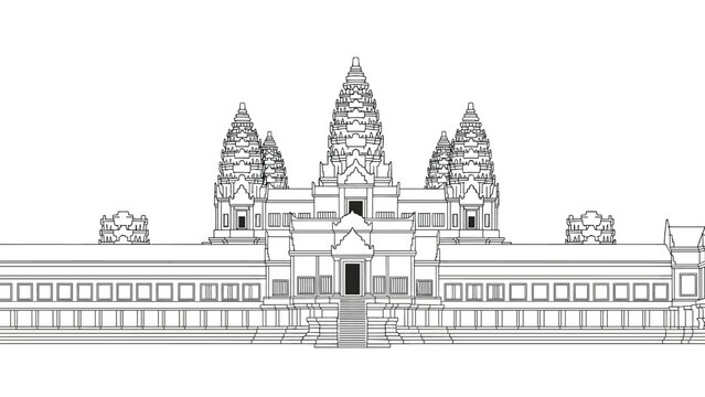 Detailed line art drawing of the angkor wat temple complex in cambodia representing ancient khmer architecture.