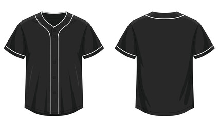 Naklejka premium Professional baseball jersey design template in solid black with white pinstripe details showing front and back.