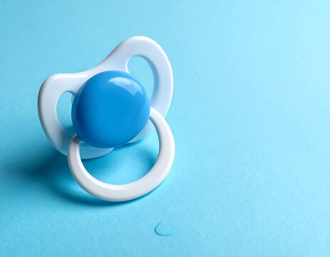 Close-up of a blue and white pacifier on a light blue background, with a water droplet near the bottom