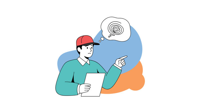 Delivery worker wearing a red cap and green sweater looking confused with a scribble thought bubble while holding a clipboard.
