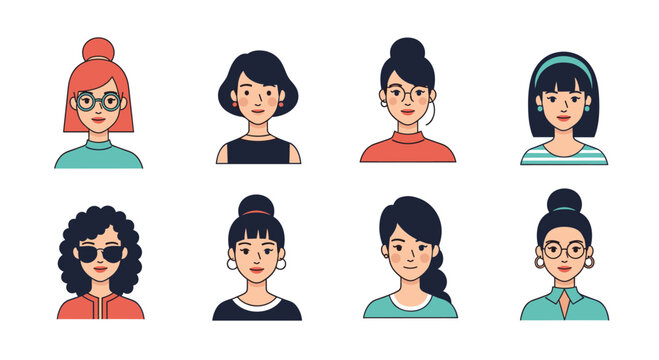 Collection of diverse female avatars showing different hairstyles and fashion styles in flat vector illustration style.