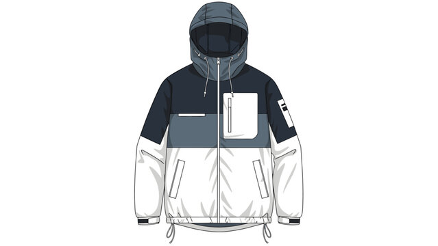 Functional winter hooded parka design template with multi-color blocks, pockets, and zippers shown from the front.
