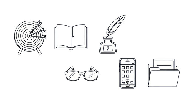 Business Icons: Target, Book, Inkwell, Glasses, Phone, Folder, Feather Pen