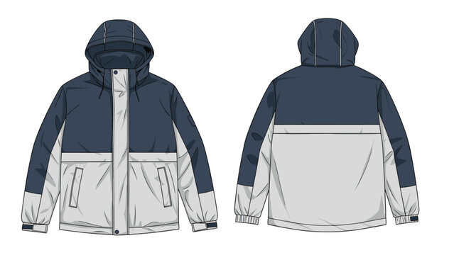 Technical drawing of a blue and grey hooded winter jacket showing front and back views for fashion design and apparel manufacturing.