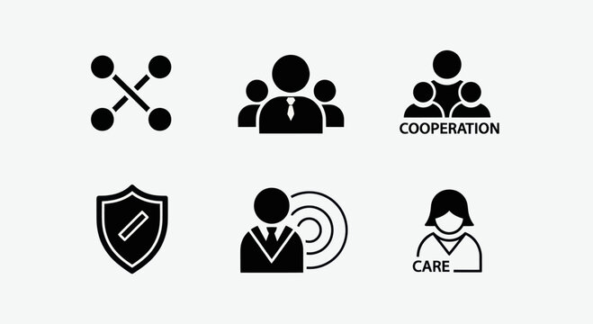 Business Icons: Teamwork, Cooperation, Security, Target, Care, Network