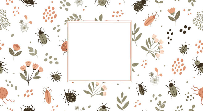 Beautiful seamless pattern with various bugs beetles and field flowers around a blank square frame for your message.
