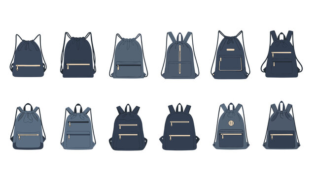 Set of twelve different styles of blue drawstring bags and backpacks isolated on a white background for school, travel, or gym.