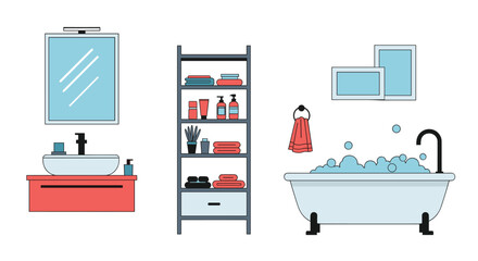 Fototapeta premium Set of flat vector illustrations for bathroom interior design including a sink vanity shelf with towels and a bathtub.