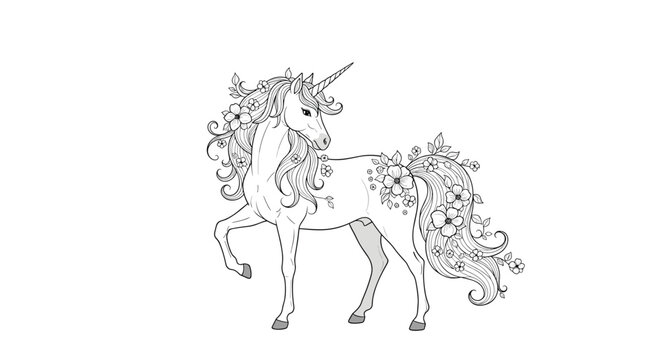 Detailed black and white line art illustration of a magical unicorn with flowers in its mane and tail for coloring page.