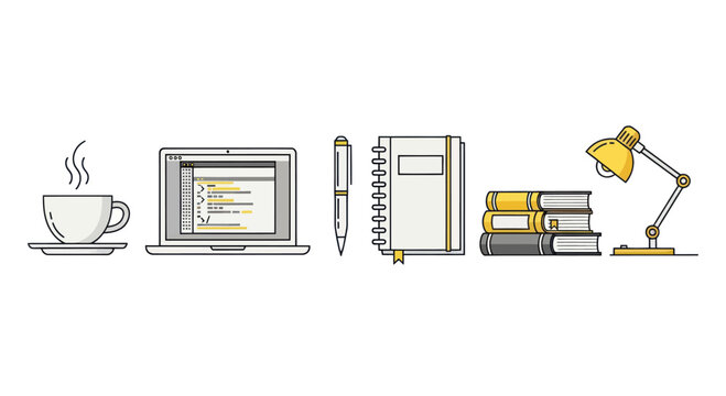 Coding Workspace: Laptop, Books, Coffee, Lamp, Notebook, Pen - Flat Design