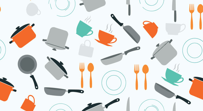 Seamless pattern featuring a variety of kitchen utensils and cookware including pots, pans, plates, forks, spoons, and coffee mugs.